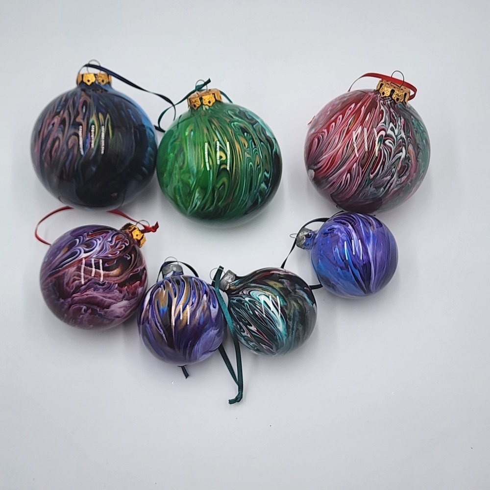 Vintage Abstract Swirl Glass Christmas Ornaments Hand Painted Unique Lot of 7